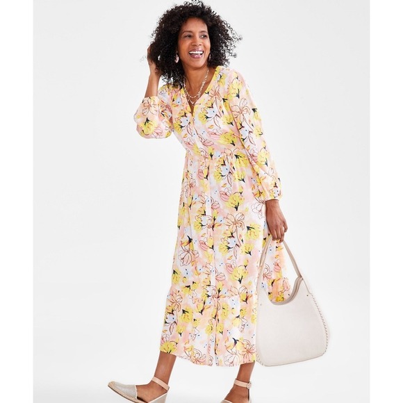 Style & Co. Dresses & Skirts - Style & Co. Floral Linen Maxi Dress Long Sleeve Button Front Belted Size M NWT